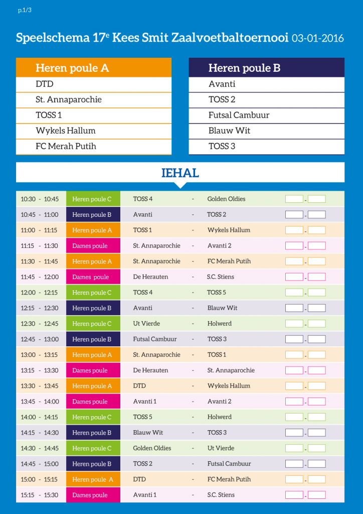 Speelschema TOSS toernooi 2016